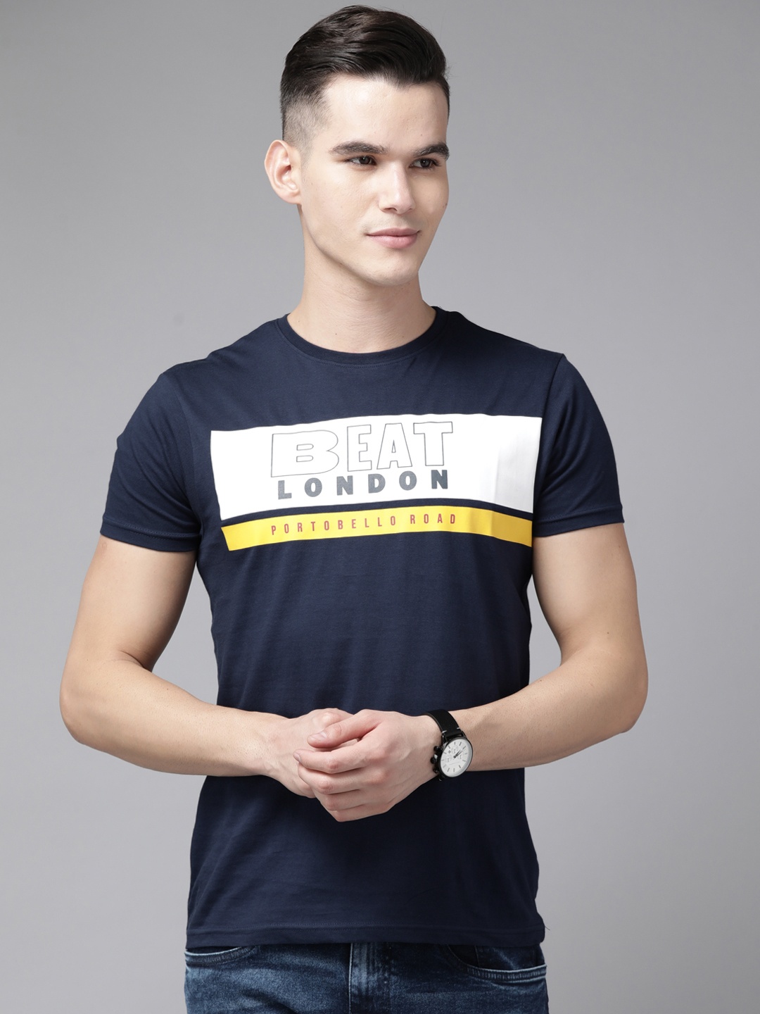 

BEAT LONDON by PEPE JEANS Printed Pure Cotton Slim Fit T-shirt, Navy blue