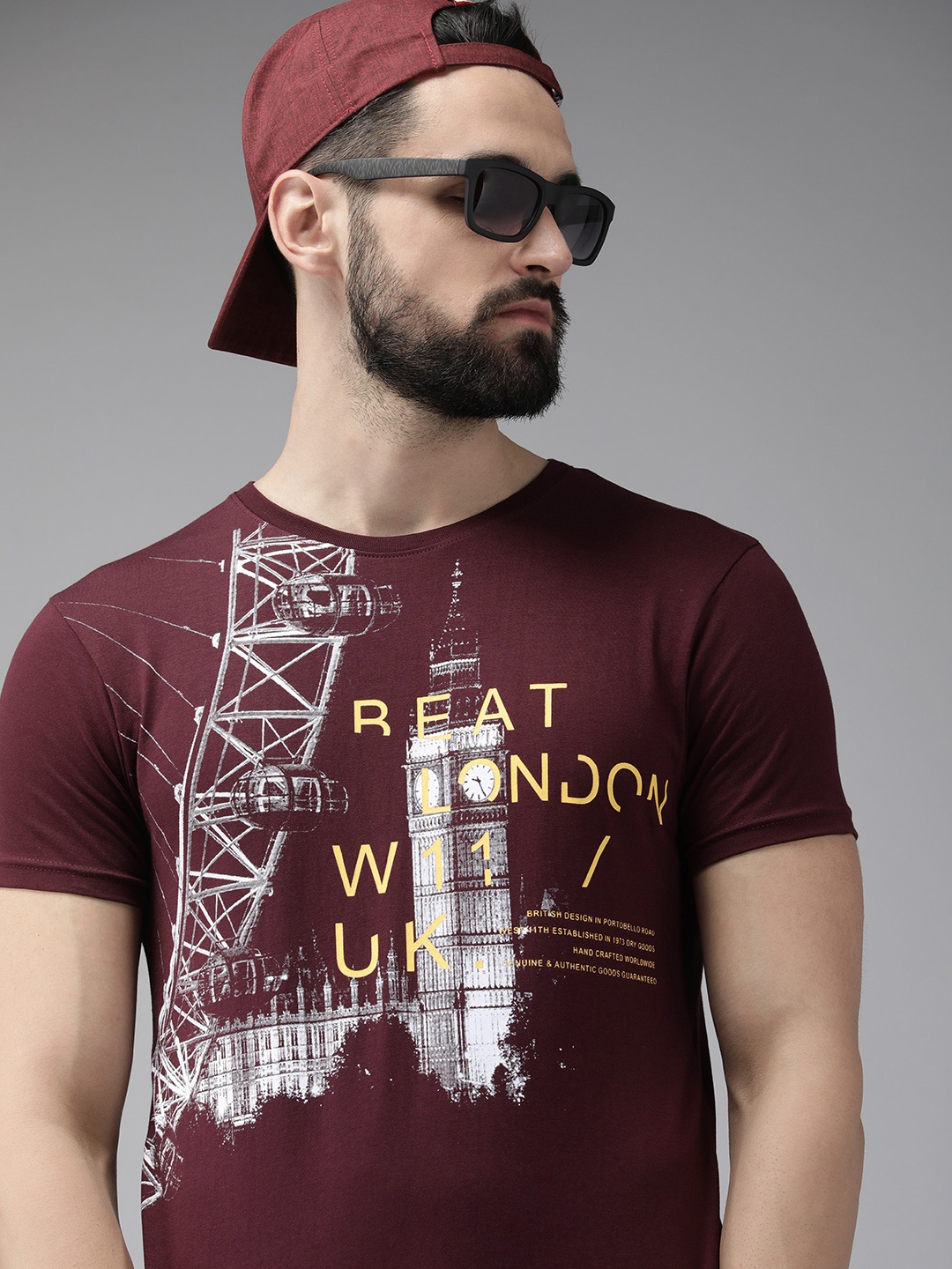 

BEAT LONDON by PEPE JEANS Men Burgundy &White Printed Pure Cotton Slim Fit T-shirt