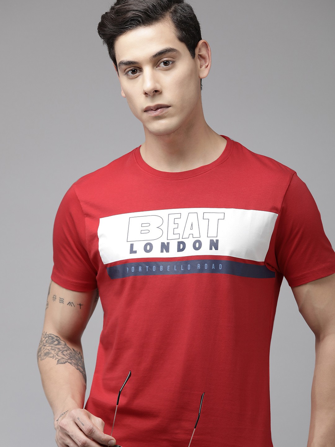 

BEAT LONDON by PEPE JEANS Men Red Brand Logo Printed Slim Fit Pure Cotton T-shirt