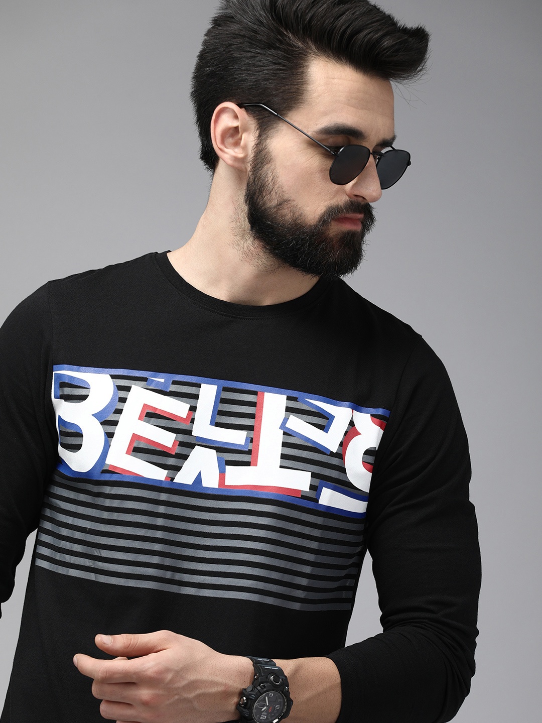 

BEAT LONDON by PEPE JEANS Men Black & White Brand Logo Printed Pure Cotton T-shirt