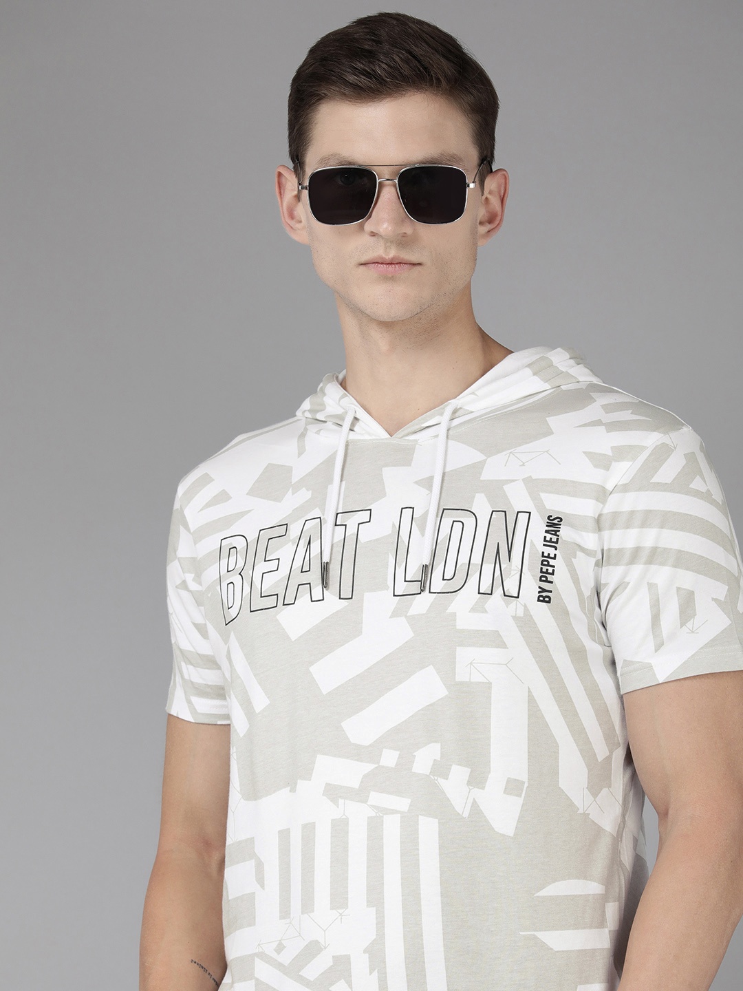 

BEAT LONDON by PEPE JEANS Printed Hooded Pure Cotton Casual T-shirt, White