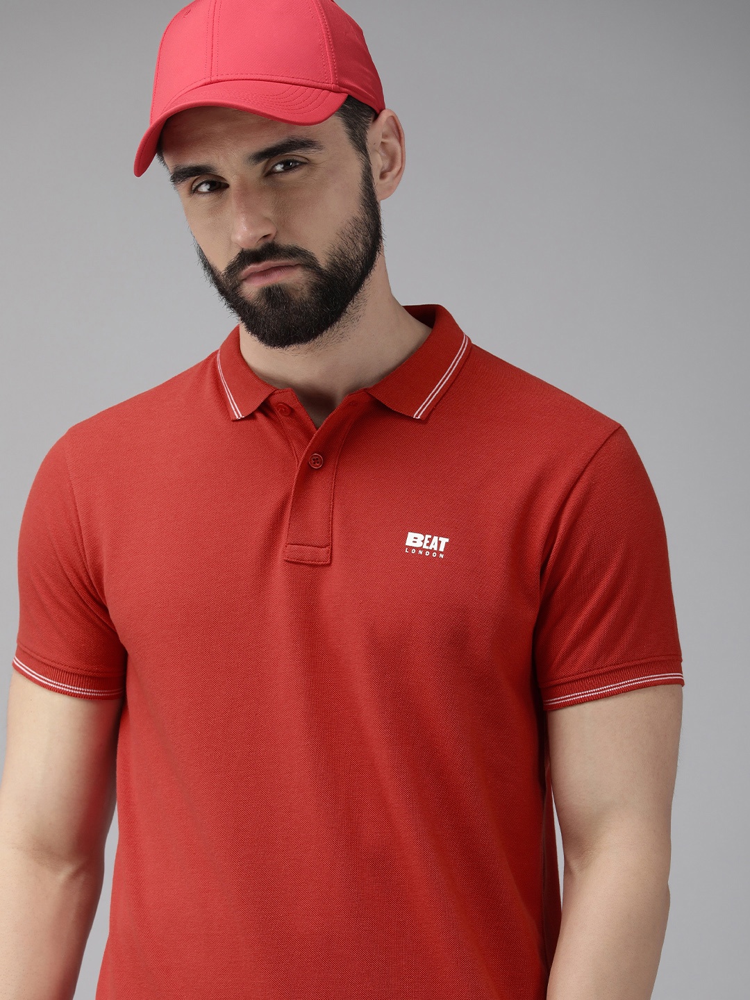 

BEAT LONDON by PEPE JEANS Men Red Brand Logo Printed Polo Collar Applique T-shirt