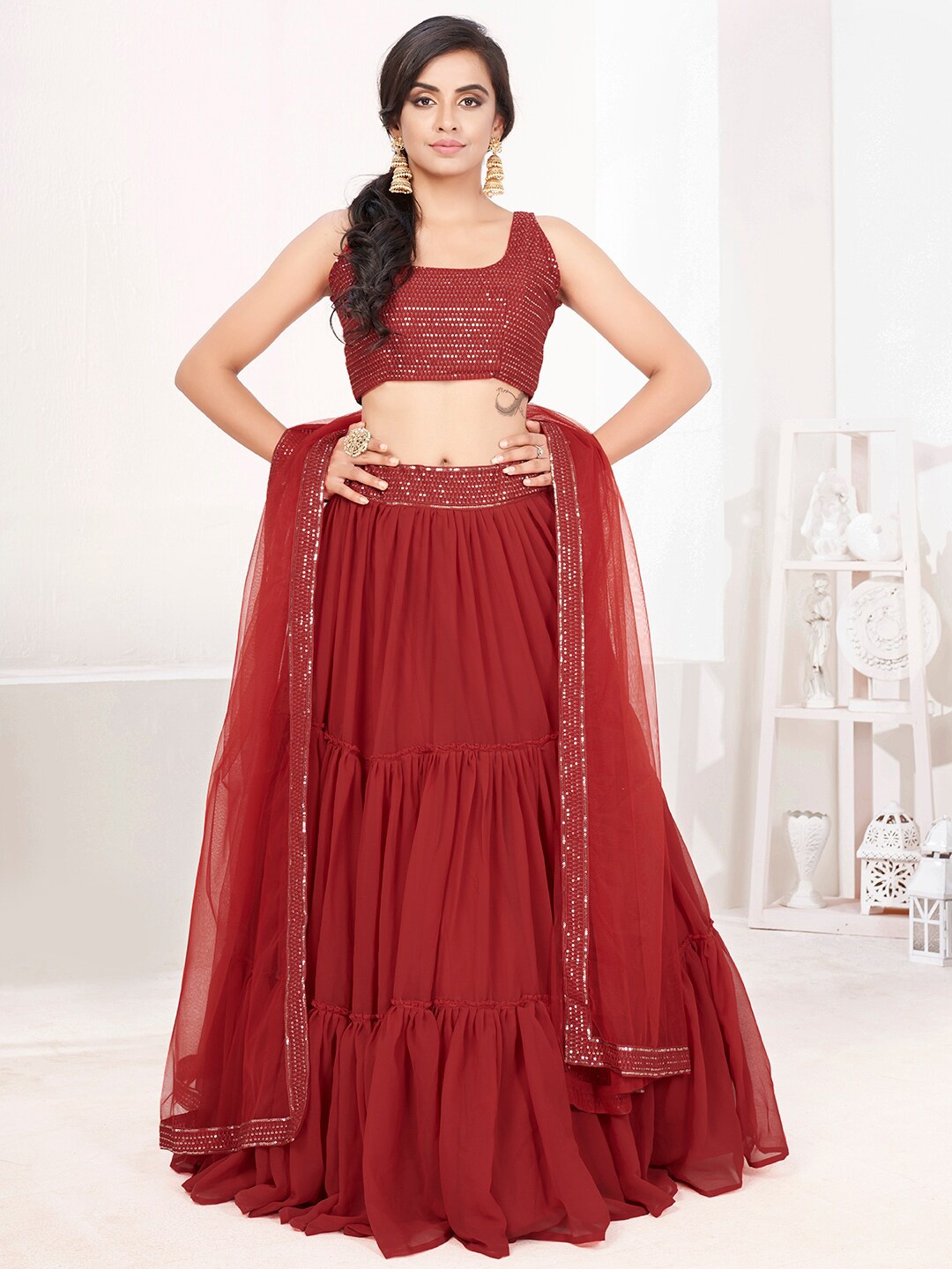 

SHOPGARB Red Embellished Semi-Stitched Lehenga & Unstitched Blouse With Dupatta