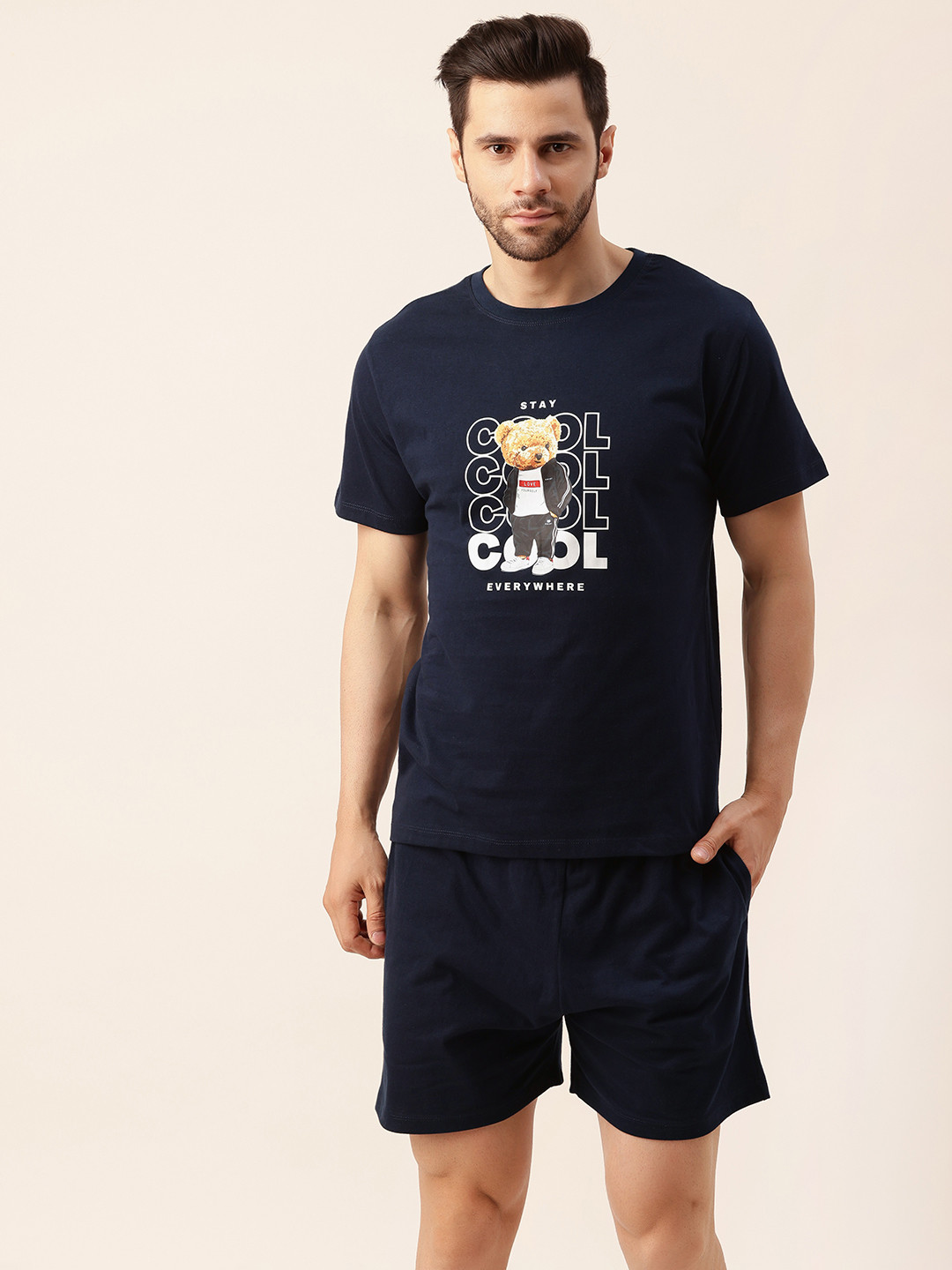 

Fluffalump Men Navy Blue & White Printed Cotton Night suit