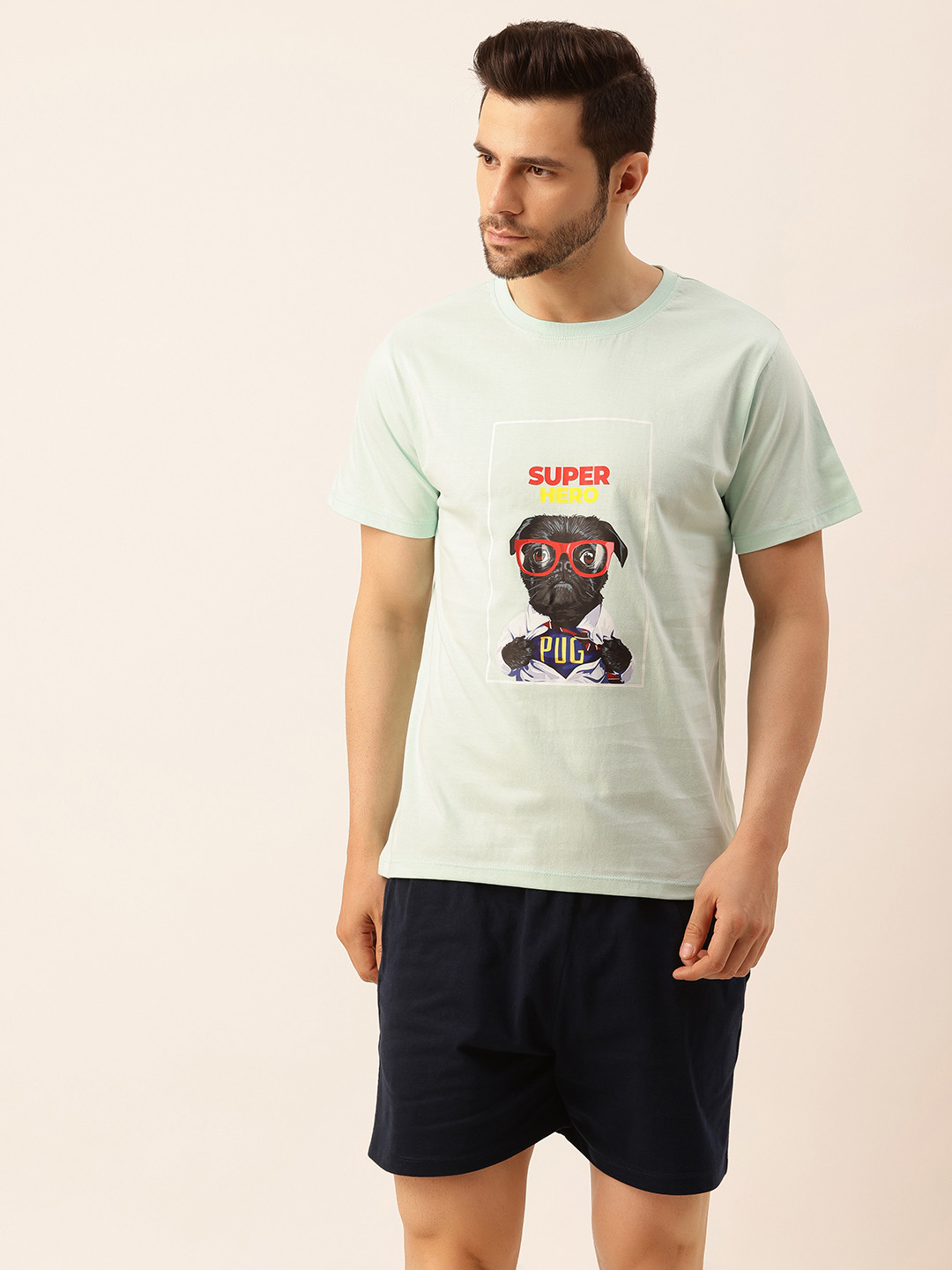 

Fluffalump Men cotton Sea Green & Black Printed Night suit