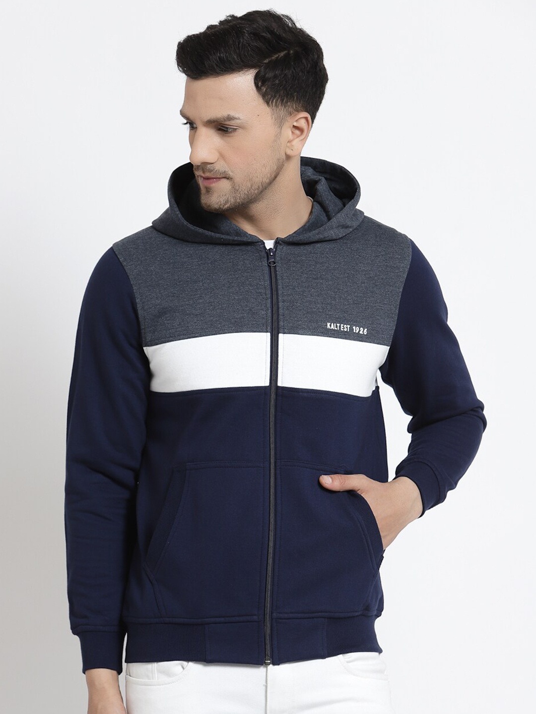 

Kalt Men Navy Blue Colourblocked Fleece Hooded Sweatshirt