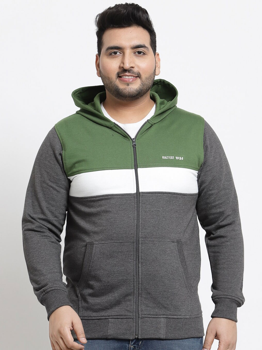 

Kalt Men Green & Grey Colourblocked Hooded Sweatshirt