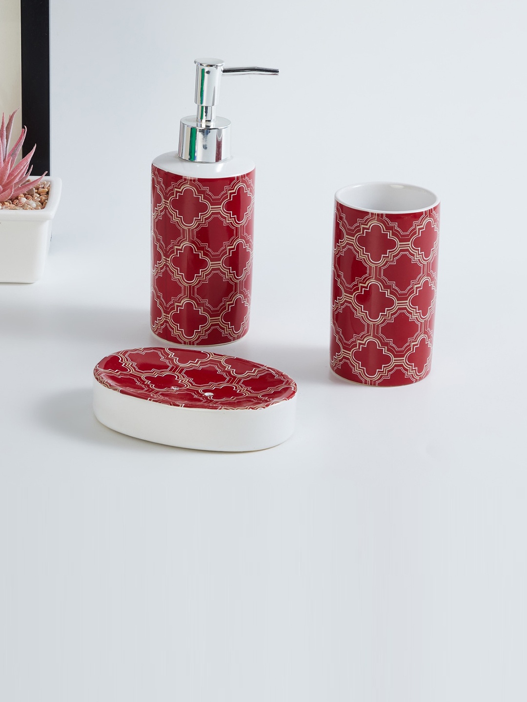 

Home Centre Maroon Set Of 3 Printed Ceramic Bathroom Accessories