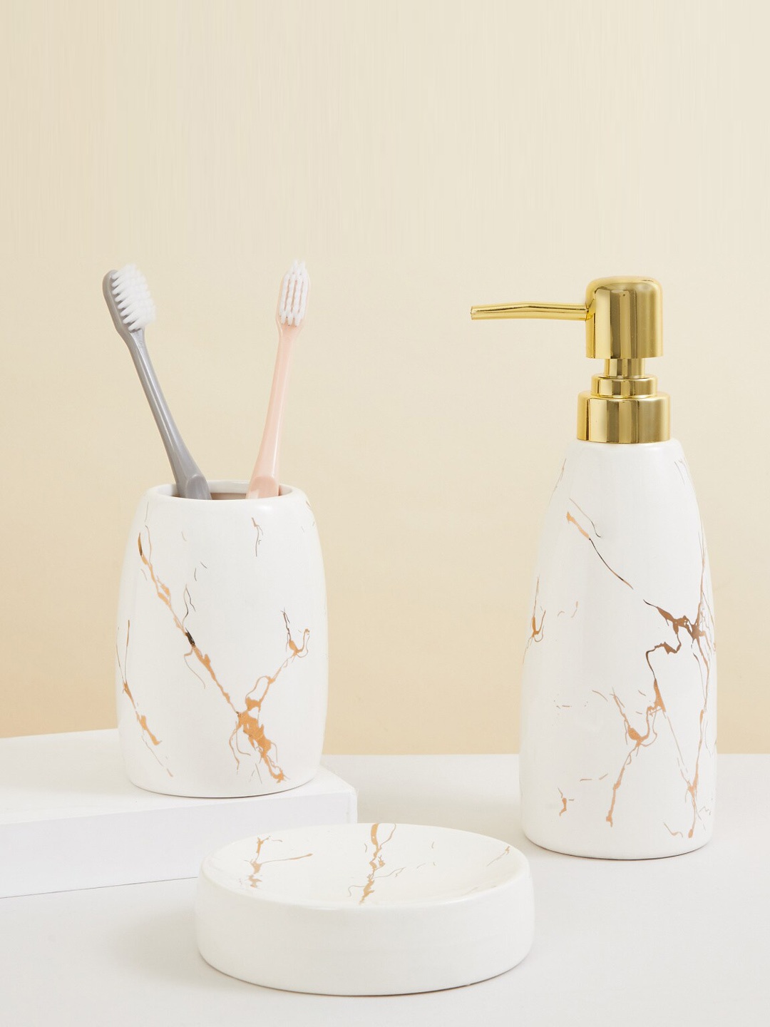 

Home Centre Set Of 3 Pcs White Ceramic Bathroom Set