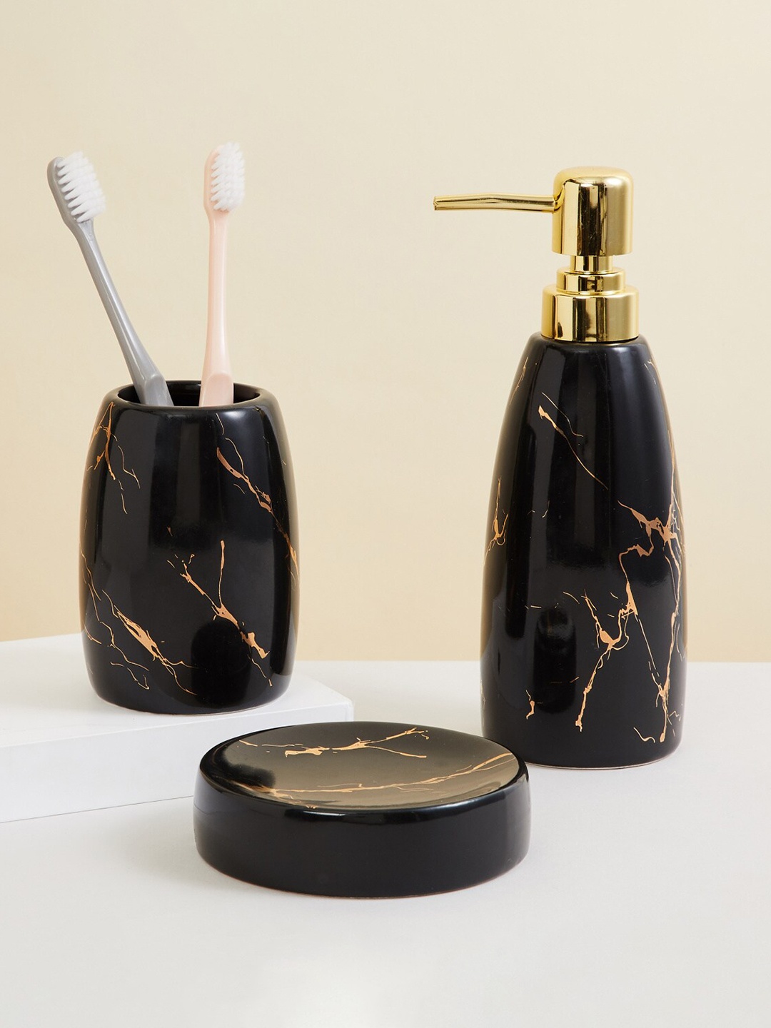 

Home Centre Black & Gold-Toned Ceramic Glossy Bath Accessory Set
