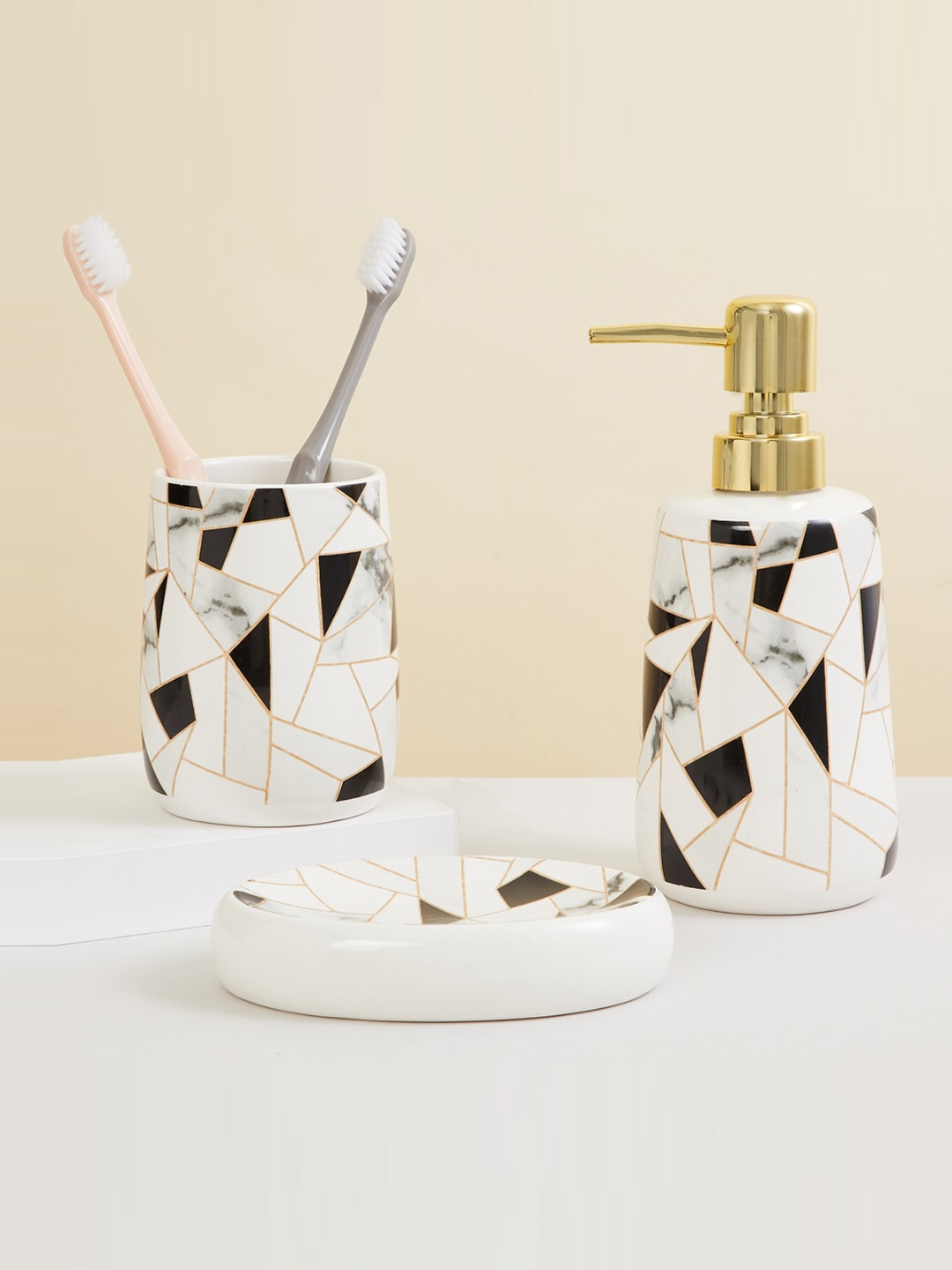 

Home Centre Set of 3Pcs Derby Ceramic Bathroom Accessories, Gold