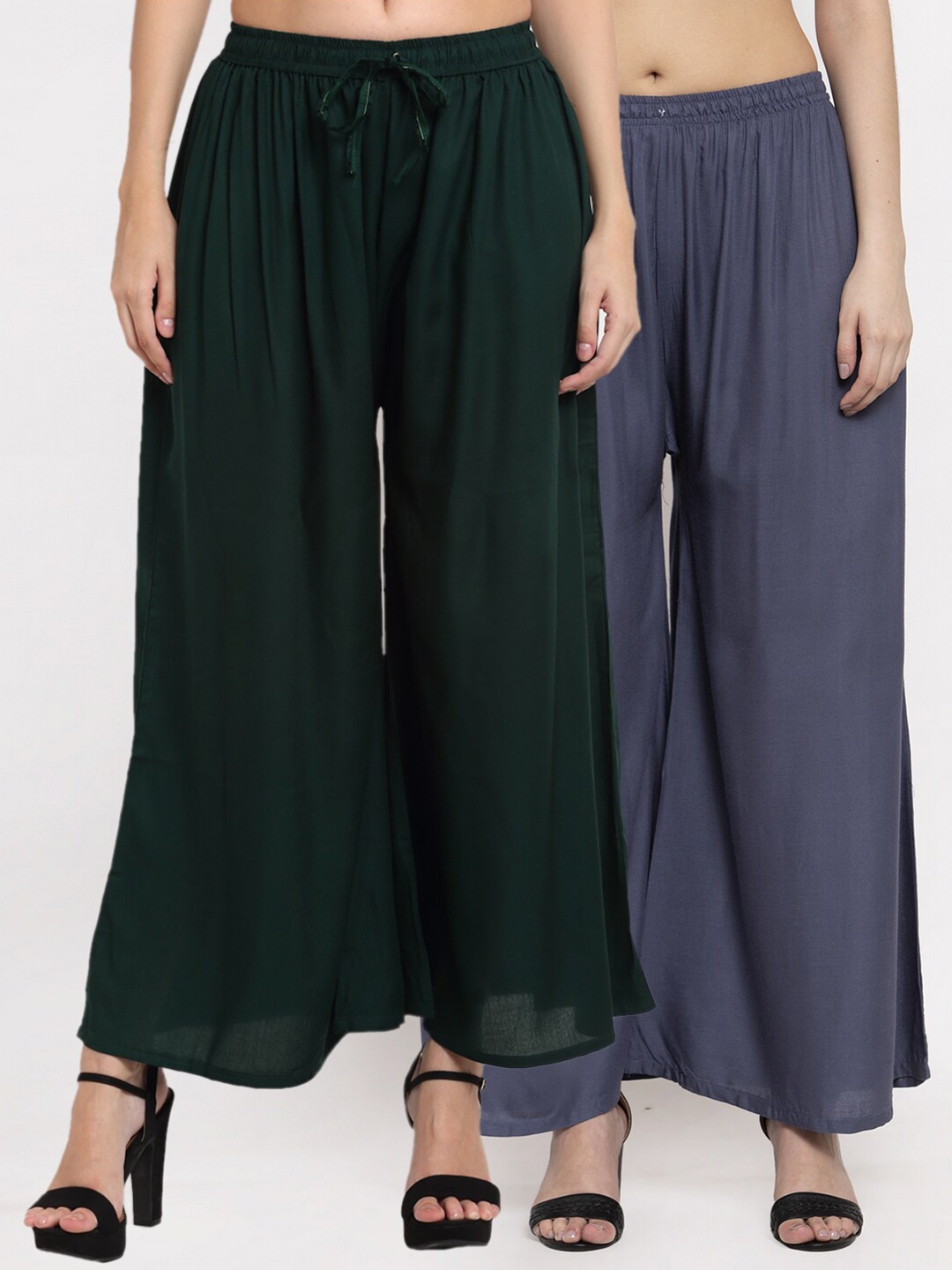 

Miaz Lifestyle Women Grey & Green Solid Flared Palazzos Pack of 2