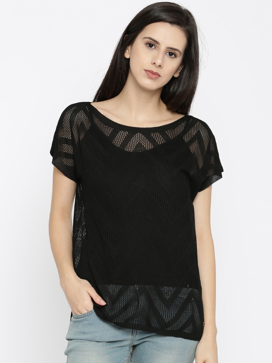 

U.S. Polo Assn. Women Women Black Self Design Sheer Top