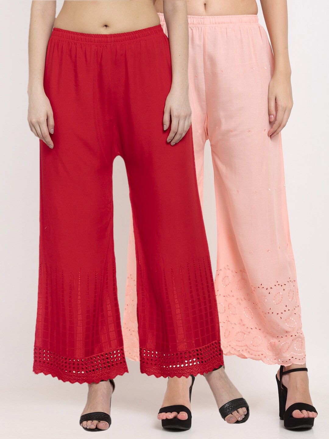 

Miaz Lifestyle Women Peach-Coloured & Red pack of 2 Knitted Palazzos