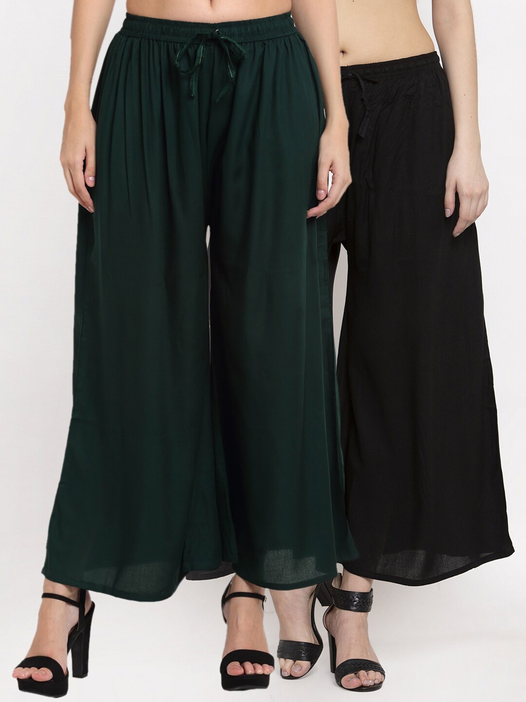 

Miaz Lifestyle Women Set Of 2 Black & Green Flared Palazzos