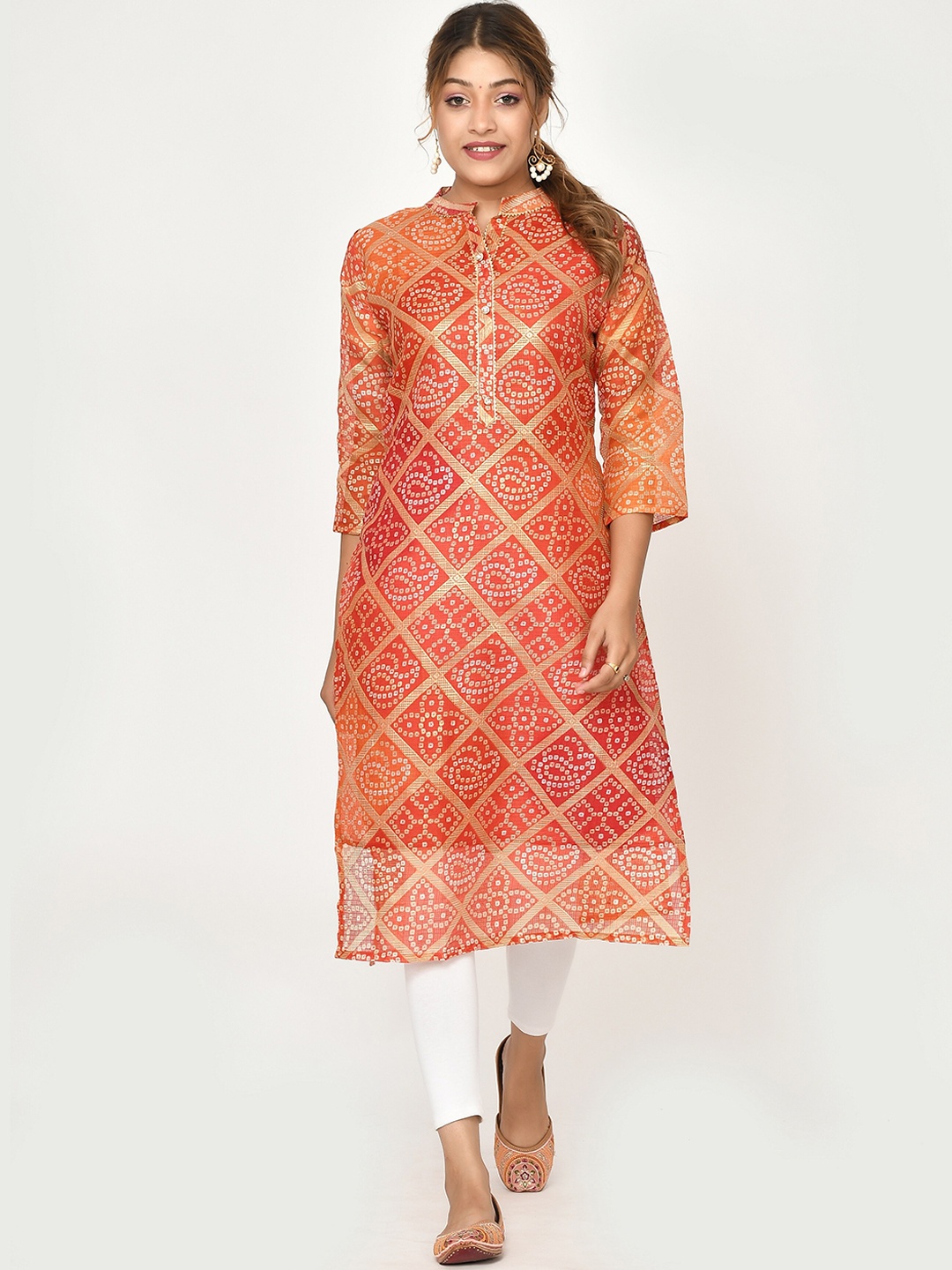 

Kesarya Women Orange & Gold-Toned Ethnic Motifs Printed Thread Work Indie Prints Kurta