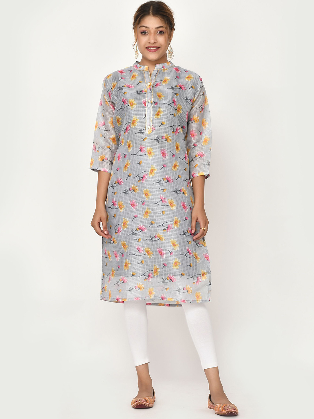 

Kesarya Women Grey & Pink Floral Printed Pastels Kurta