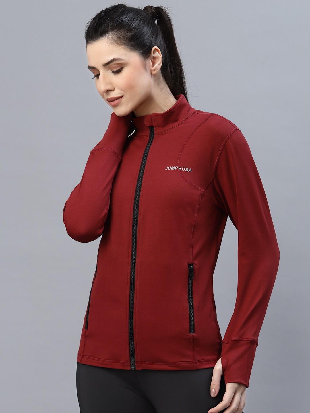 

JUMP USA Women Maroon crimson red Sporty Jacket with Embroidered