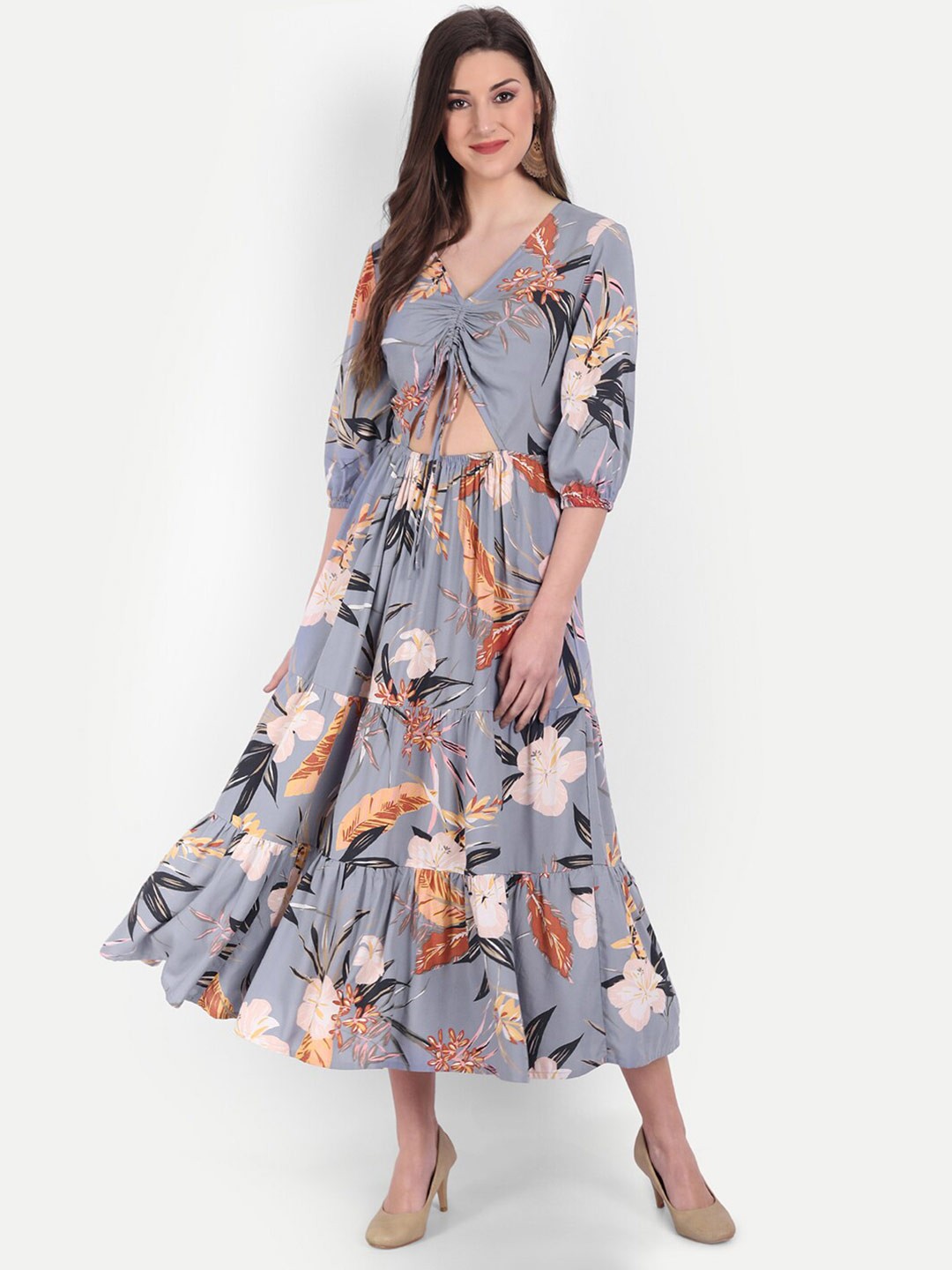 

MINGLAY Grey Floral Printed Maxi Fit & Flare Dress