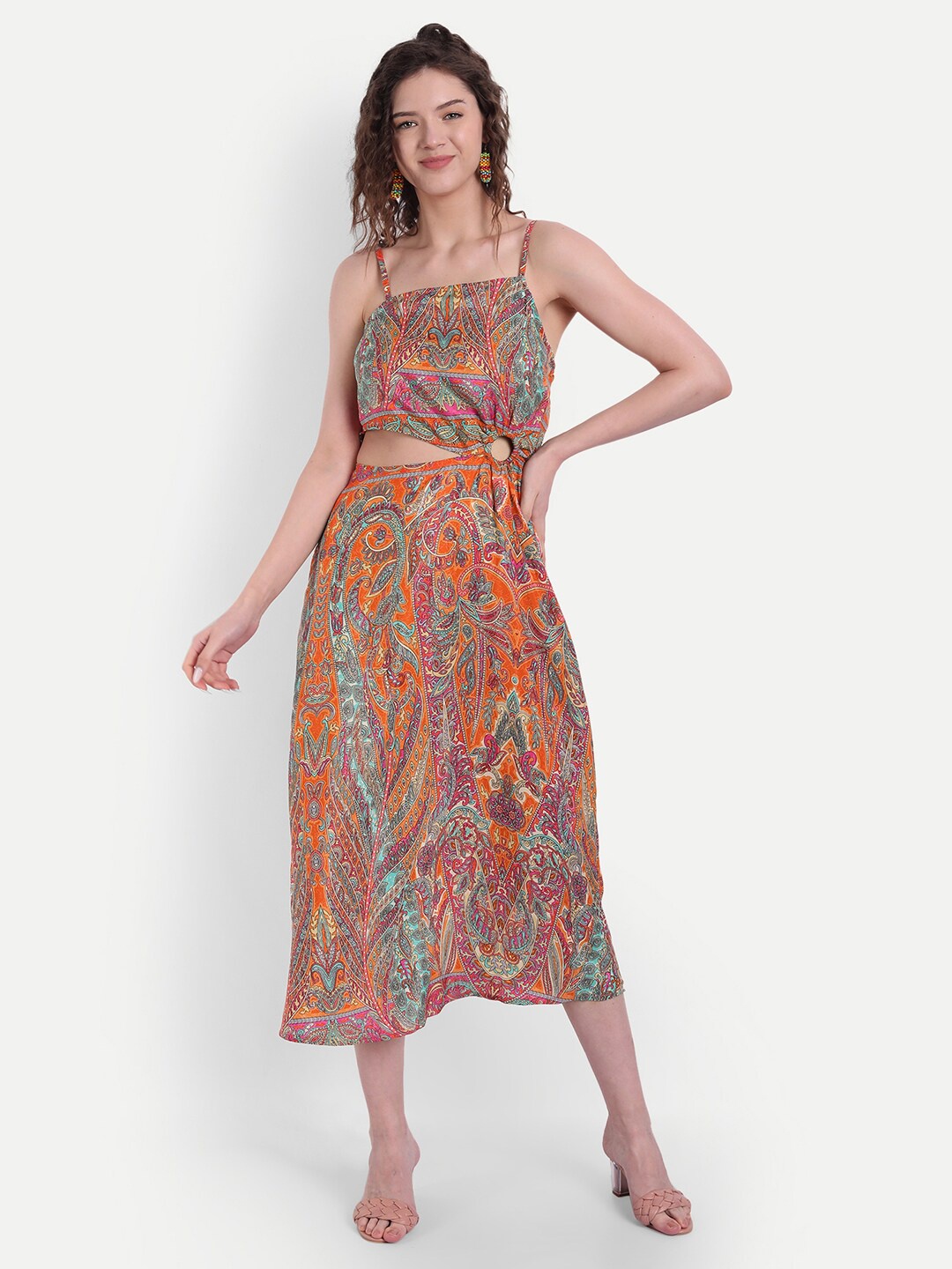 

MINGLAY Orange Paisley Print Poly Crepe A-Line Midi Dress With Smoked Back