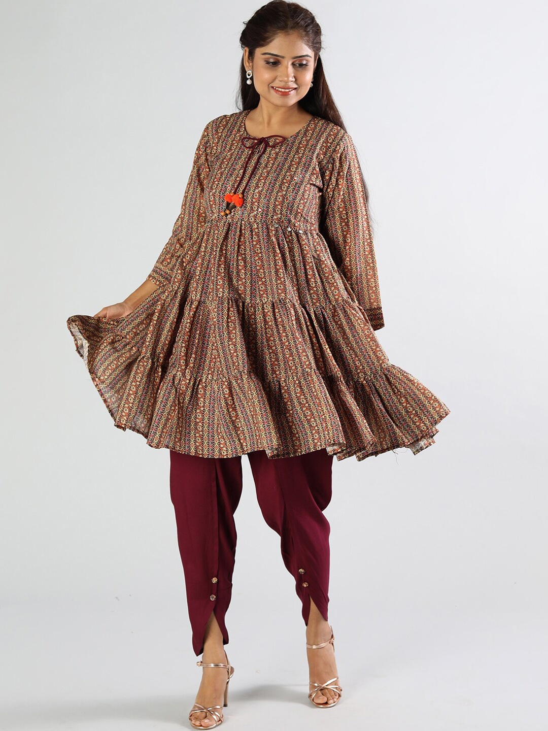

taruni Women Multicoloured Tiered Mirror Work Kurti with Churidar & With Dupatta, Multi