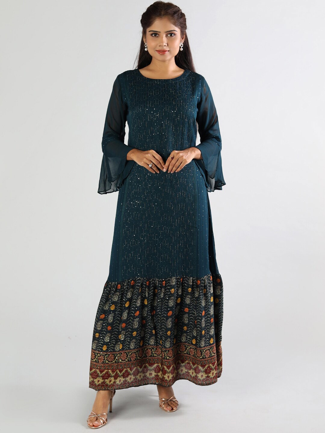 

taruni Women Turquoise Blue & Brown Embellished Bell Sleeves Georgette Kurta