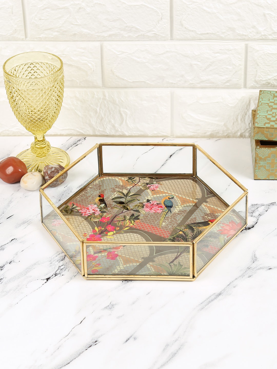 

India Circus by Krsnaa Mehta Beige & Pink Floral Arches of Enigma Small Hexagon Tray