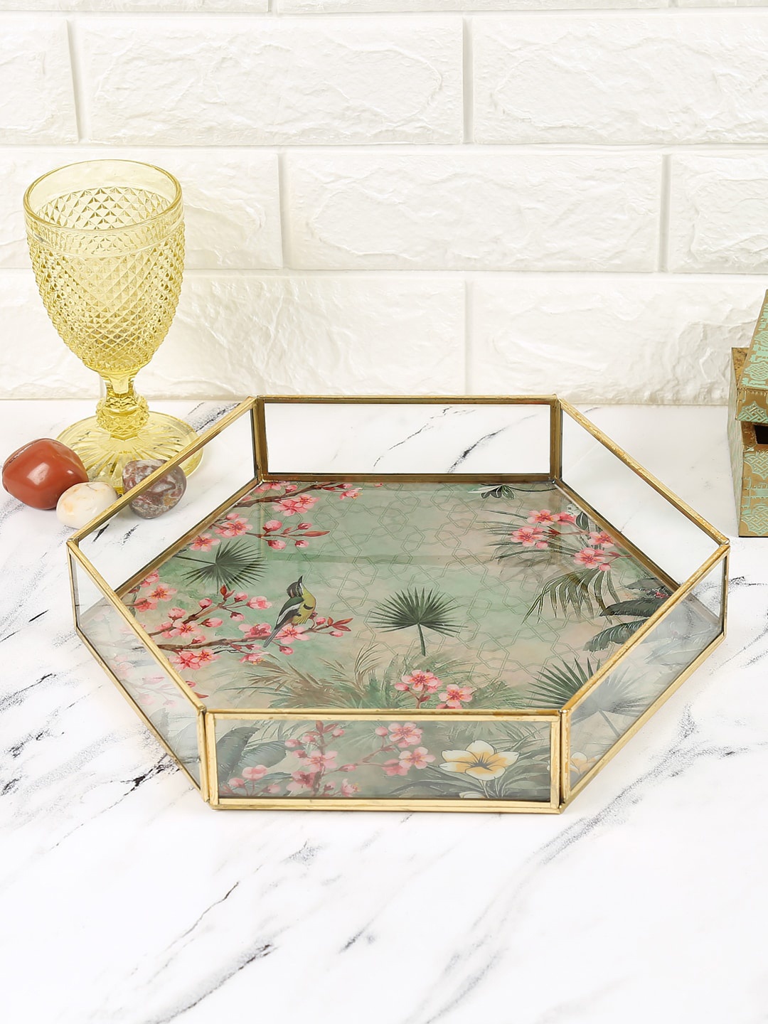 

India Circus by Krsnaa Mehta Green & Beige Spring Bloom Big Hexagon Tray