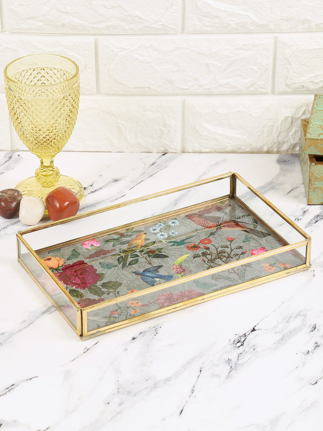 

India Circus by Krsnaa Mehta Bird Glass Small Rectangle Tray, Multi