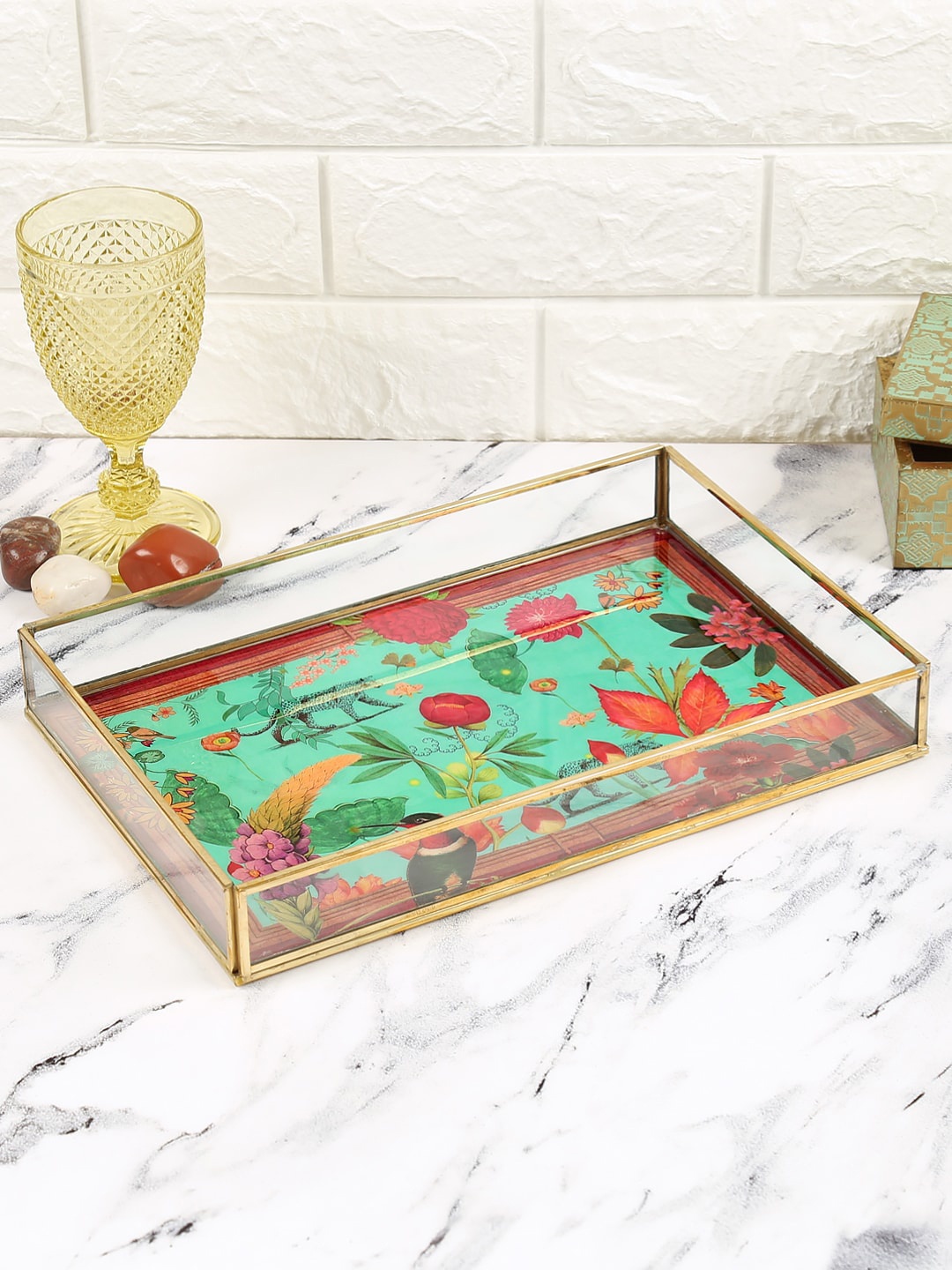 

India Circus by Krsnaa Mehta Sea Green Printed Rectangle Glass Tray