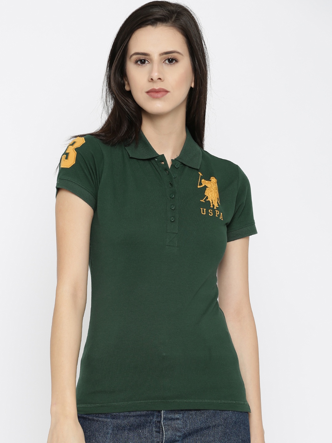 

U.S. Polo Assn. Women Women Green Solid Polo T-shirt