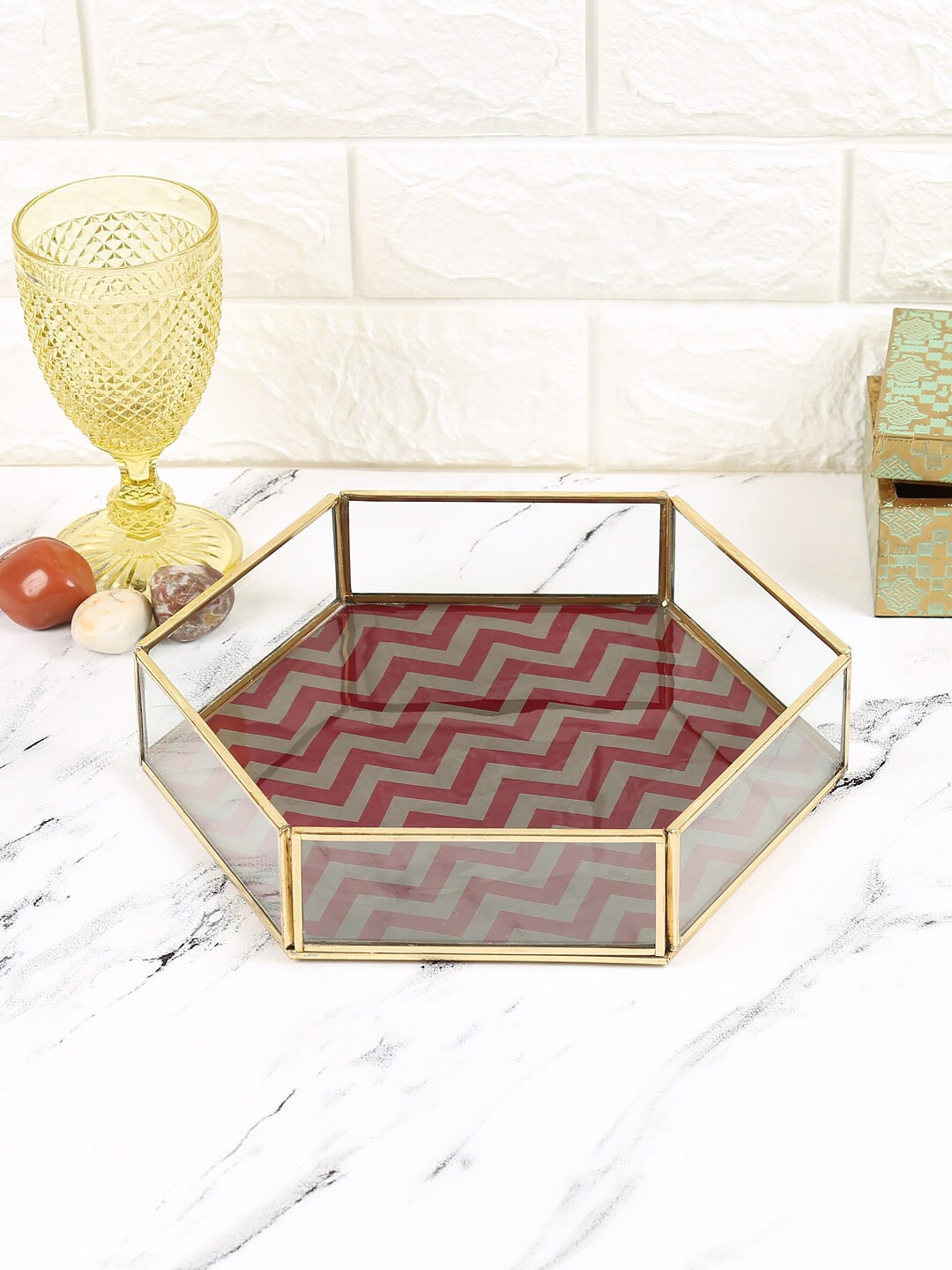 

India Circus by Krsnaa Mehta Charcoal Grey & Maroon Chevron Hexagon Tray