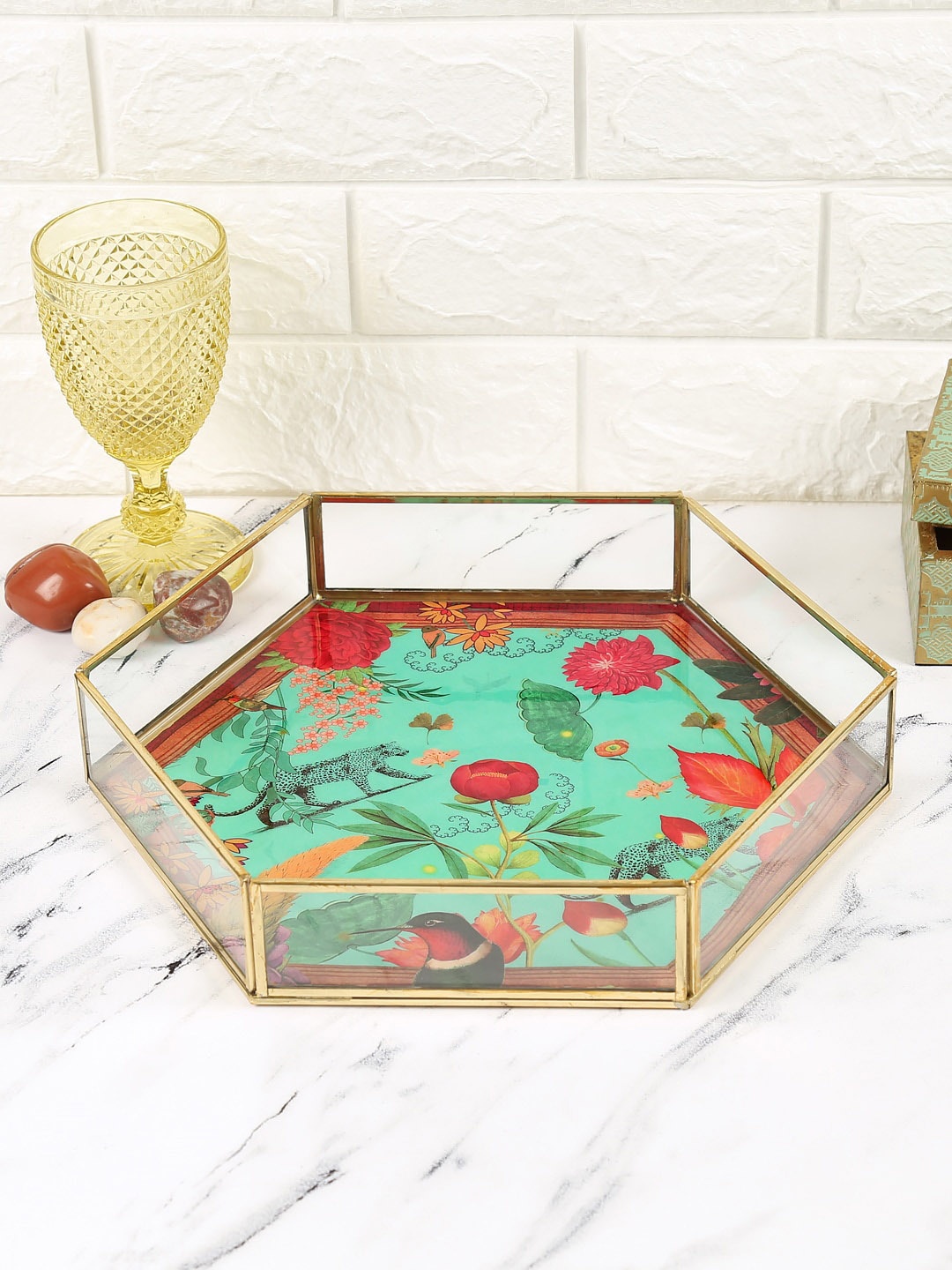 

India Circus by Krsnaa Mehta Sea Green Floral Kingdom Paradise Big Hexagon Tray