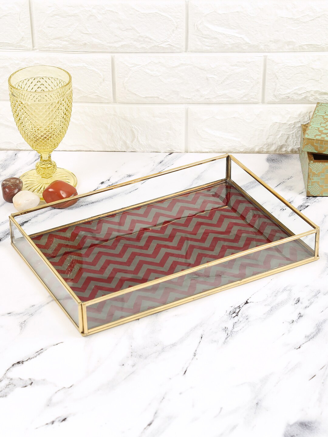 

India Circus by Krsnaa Mehta Charcoal Grey & Maroon Chevron Rectangle Tray