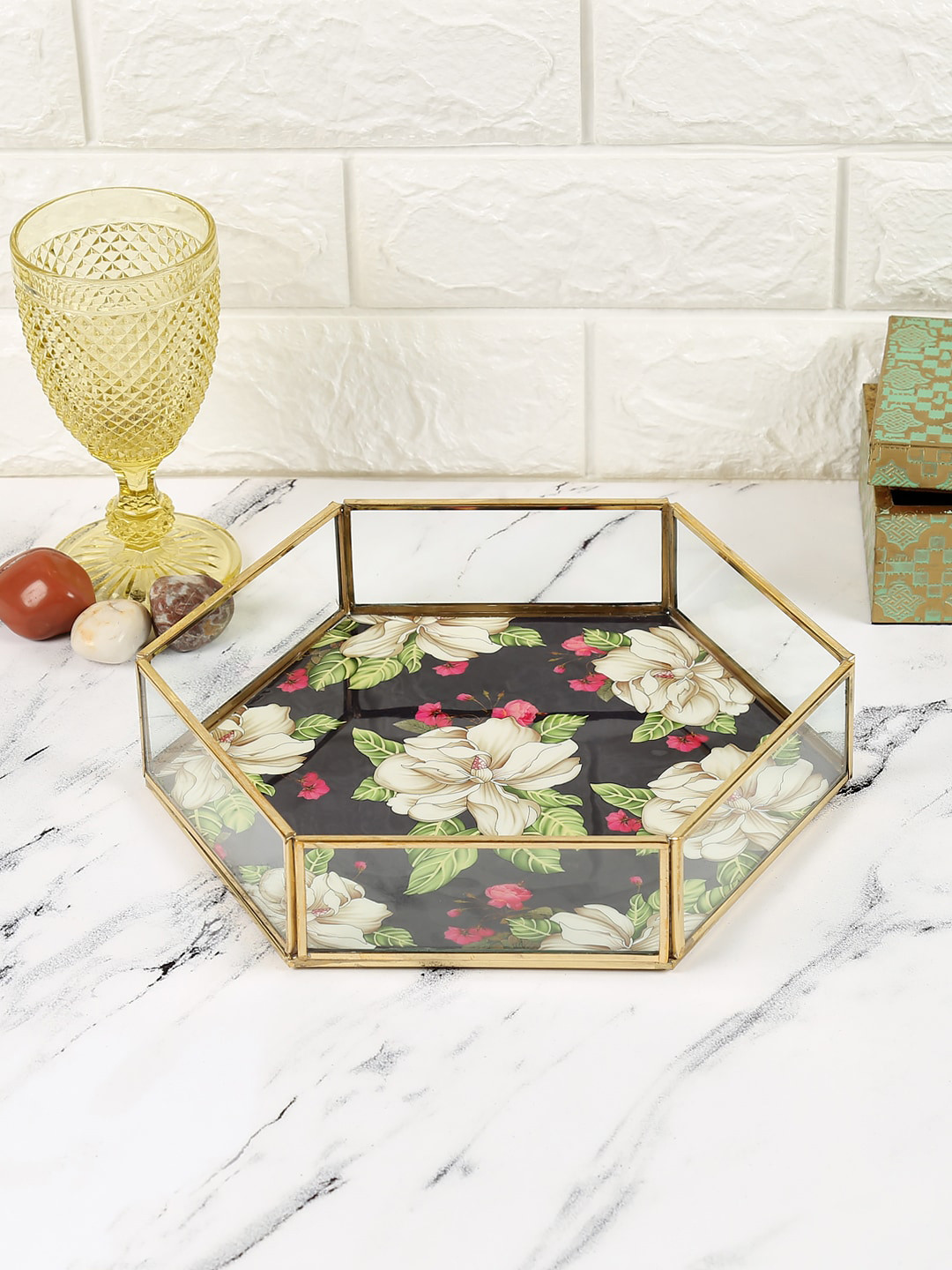 

India Circus by Krsnaa Mehta Black & White Rose Printed Small Hexagon Tray