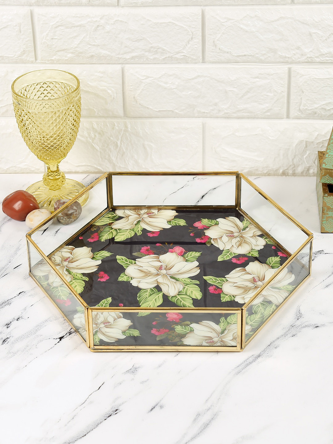 

India Circus by Krsnaa Mehta Multocolored Glass Rose Allure Big Hexagon Tray, Multi