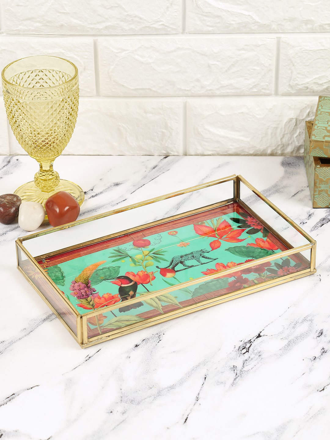

India Circus by Krsnaa Mehta Sea Green & Peach Floral Kingdom Paradise Rectangle Tray