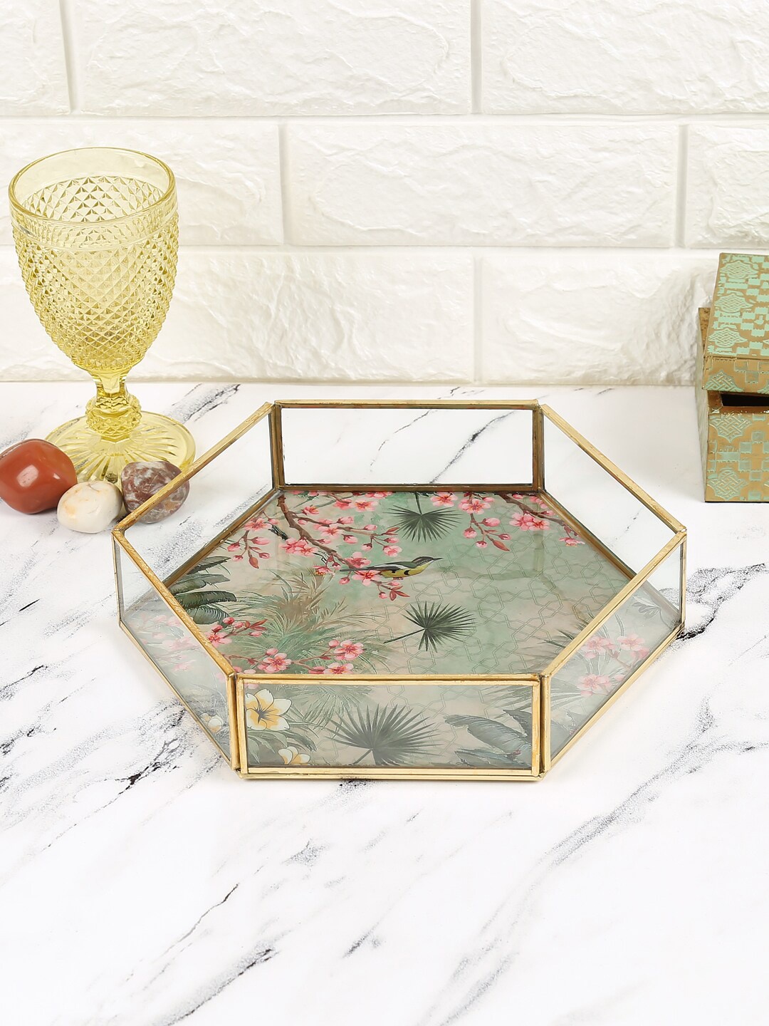 

India Circus by Krsnaa Mehta Beige & Green Spring Bloom Hexagon Tray