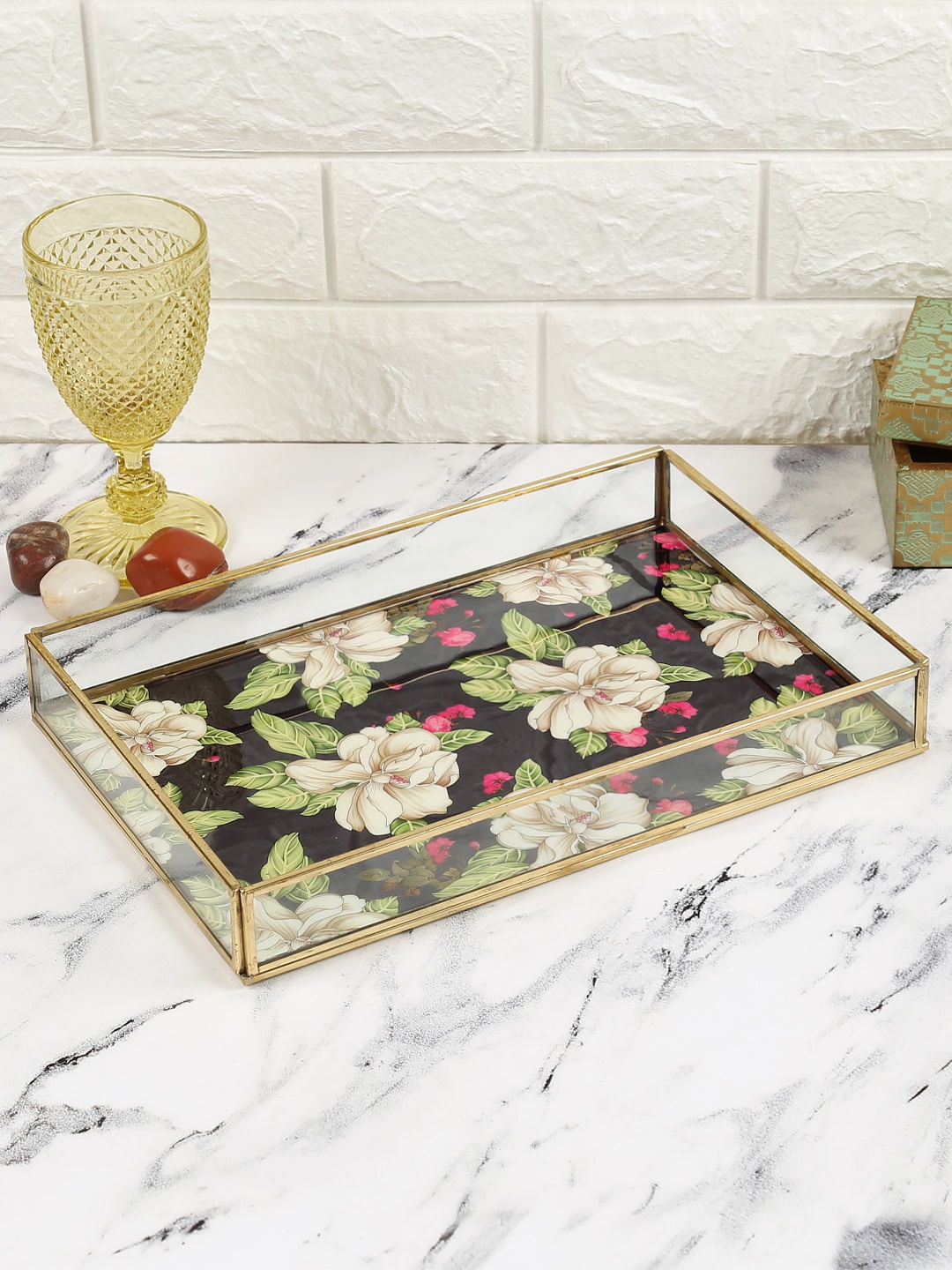 

India Circus by Krsnaa Mehta Grey & Black Floral Printed Rectangle Tray
