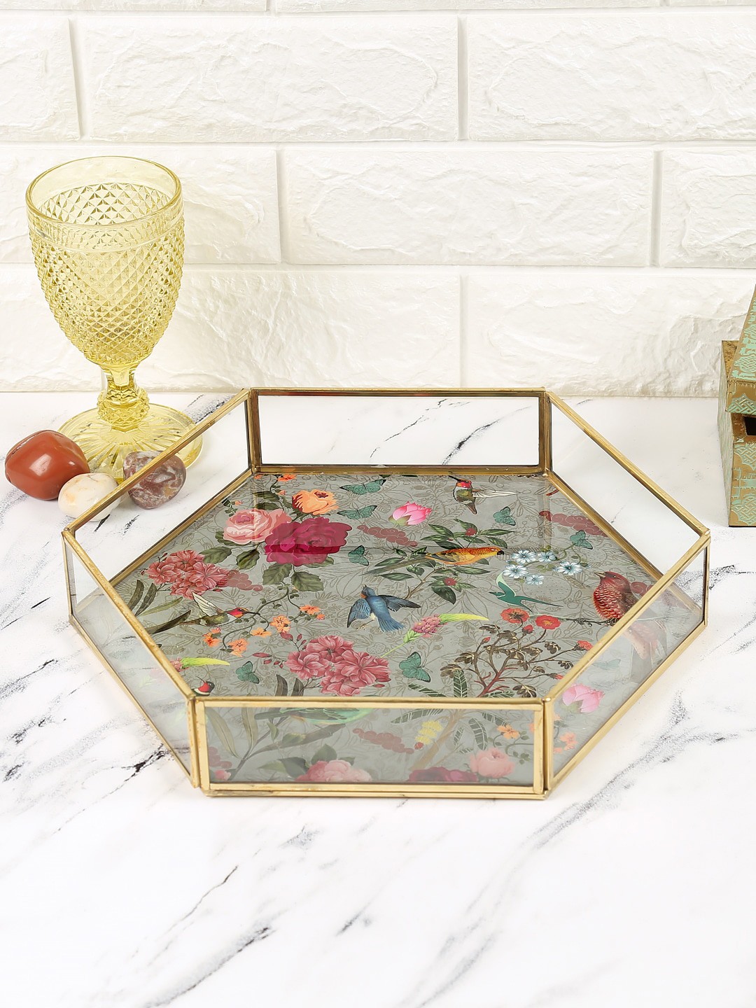 

India Circus by Krsnaa Mehta Grey Floral Big Hexagon Tray