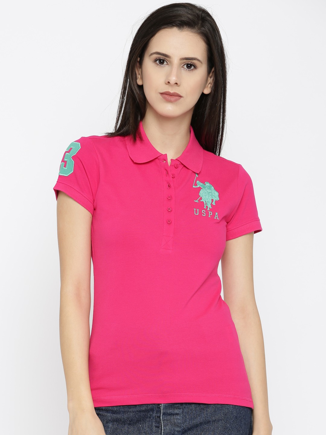 

U.S. Polo Assn. Women Women Pink Solid Polo T-shirt