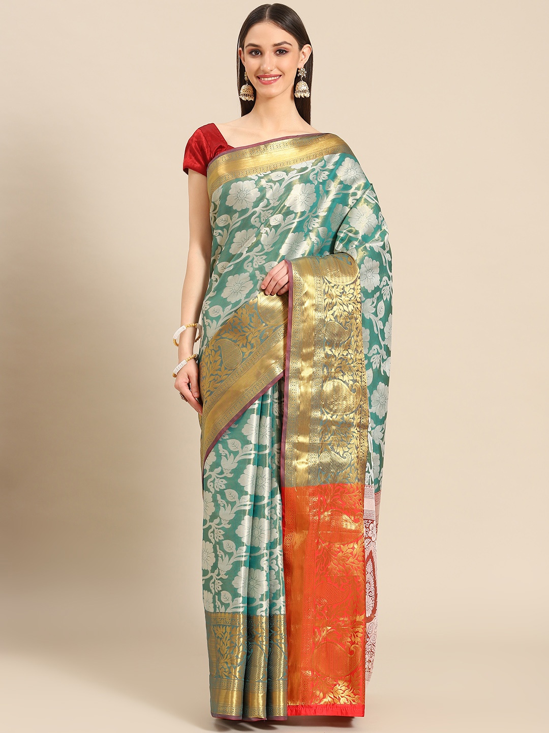 

Silk Land Teal & Red Floral Zari Tissue Kanjeevaram Saree