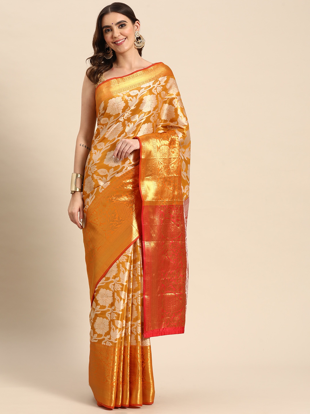 

Silk Land Gold-Toned & White Floral Zari Tissue Heavy Work Kanjeevaram Saree
