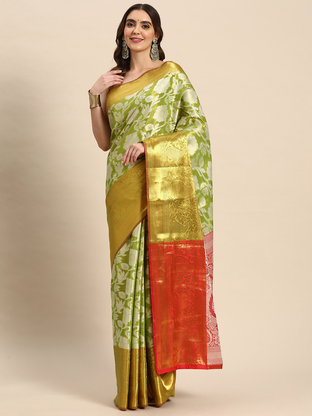 

Silk Land Lime Green & Red Floral Zari Tissue Heavy Work Kanjeevaram Saree