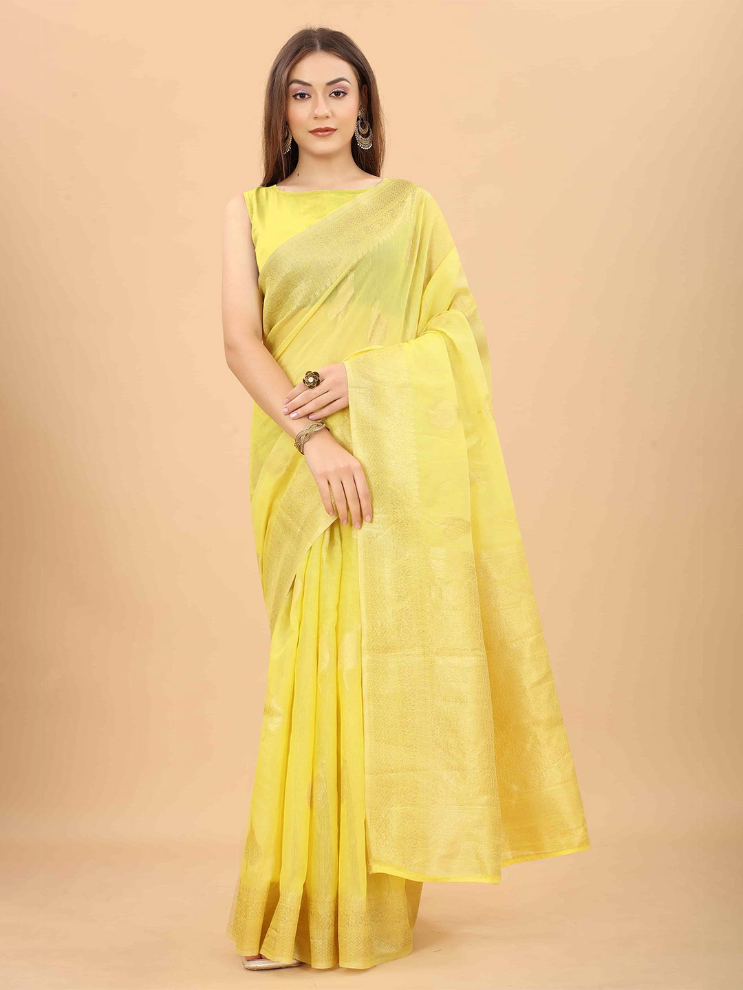 

Silk Land Yellow & Gold-Toned Woven Design Zari Fusion Saree