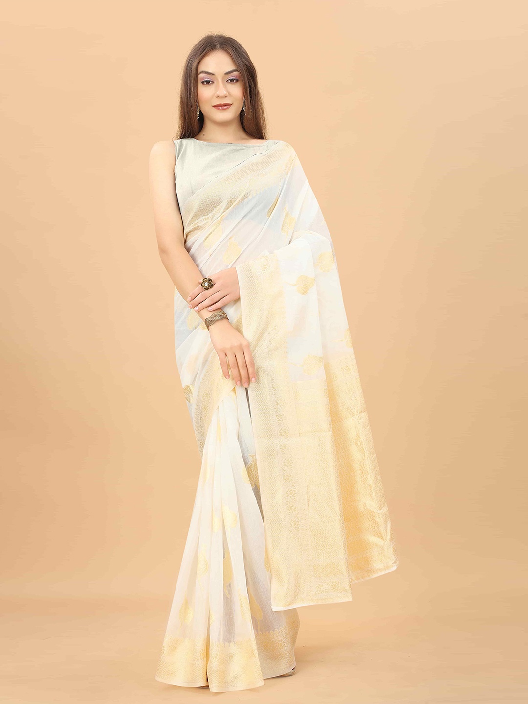 

Silk Land White & Gold-Toned Woven Design Zari Saree