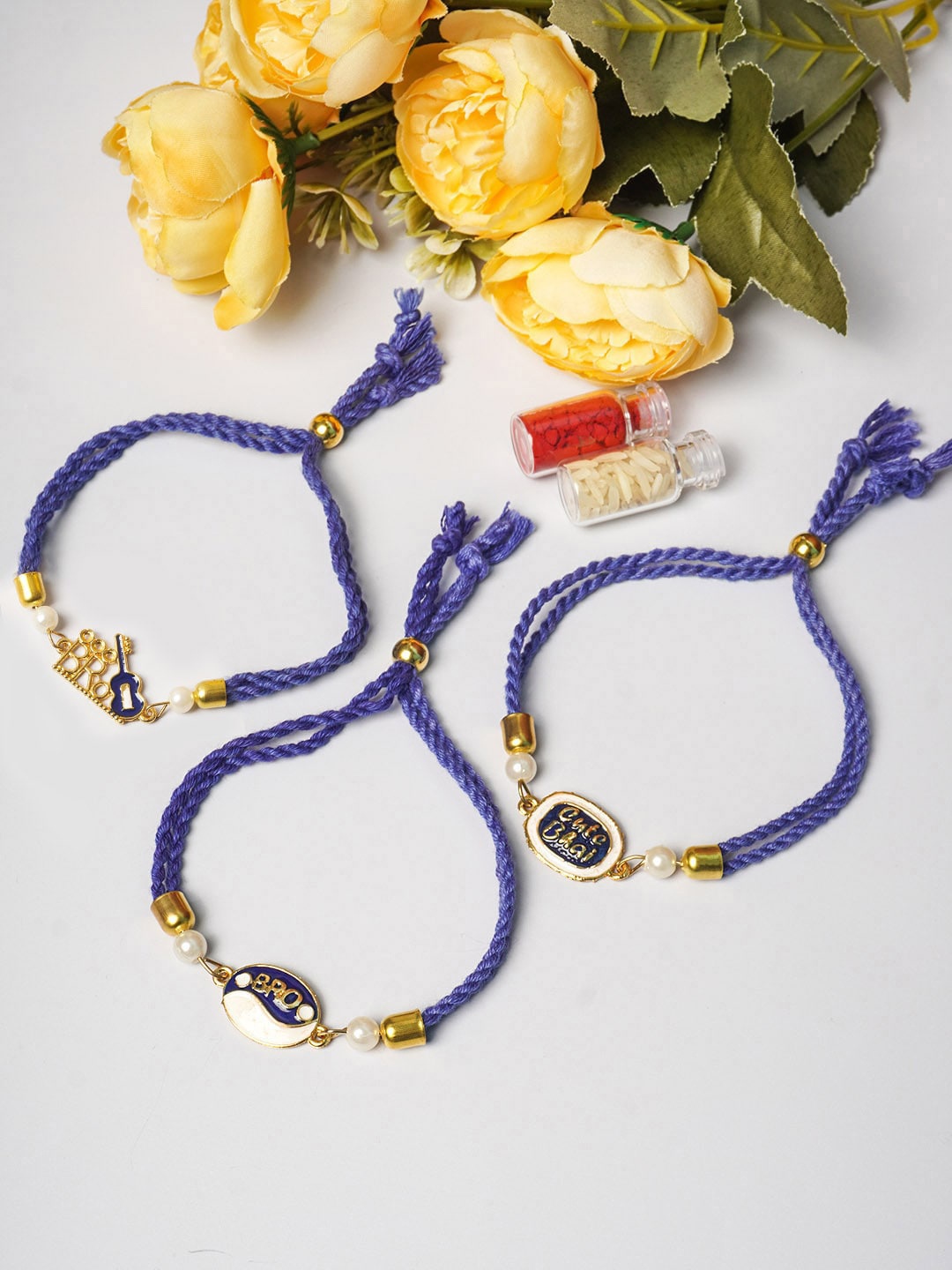 

Ferosh Set of 3 Blue Rakhi with Roli Chawal