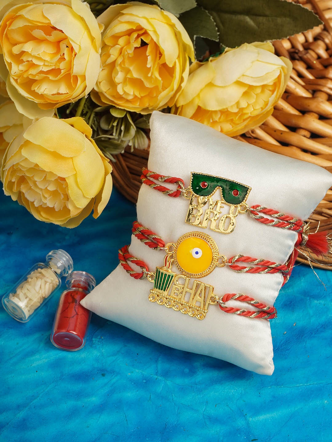 

Ferosh Set of 3 Rakhi Evil Eye & Chai Bhai Rakhi, Yellow