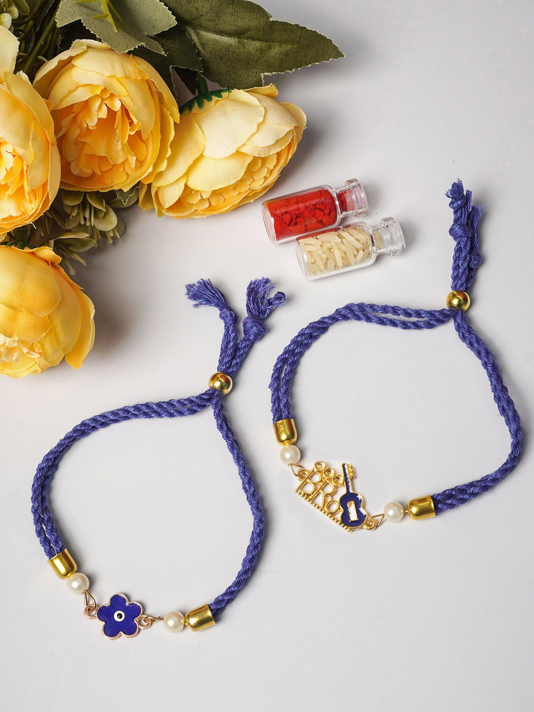 

Ferosh Set of 2 Blue Flower Rakhi with Roli Chawal