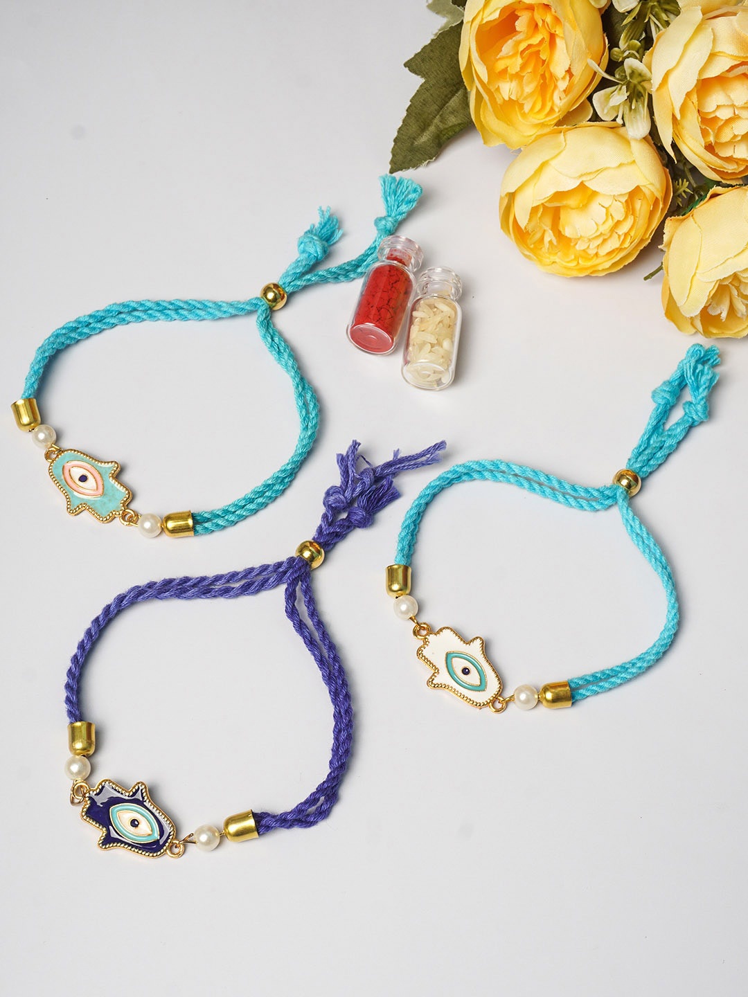 

Ferosh Set Of 3 Blue Evil Eye Rakhi With Rolichawal